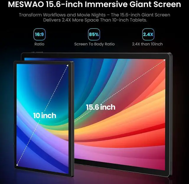 Alt view image 2 of 5 - MESWAO 15.6 inch Large Screen Android 14 Tablet Pro, Big Screen with 1080P FHD, 6GB RAM+128GB ROM+1TB Expand, 30W PD Fast Charger with 12000mAh 12+Hours Long Battery Life, WiFi 5, 32MP Camera, 2024