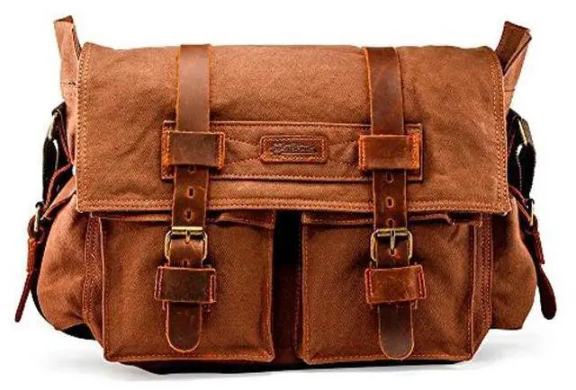 Main image of Gearonic TM Vintage Canvas Leather Messenger Bag for 17 Inch Laptop, Coffee