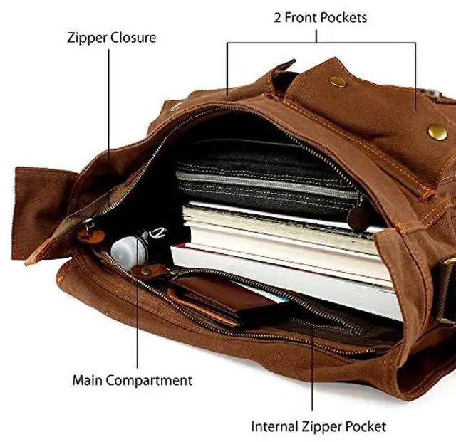 Alt view image 3 of 5 - Gearonic TM Vintage Canvas Leather Messenger Bag for 17 Inch Laptop, Coffee