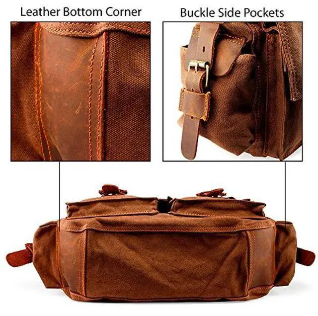 Alt view image 4 of 5 - Gearonic TM Vintage Canvas Leather Messenger Bag for 17 Inch Laptop, Coffee