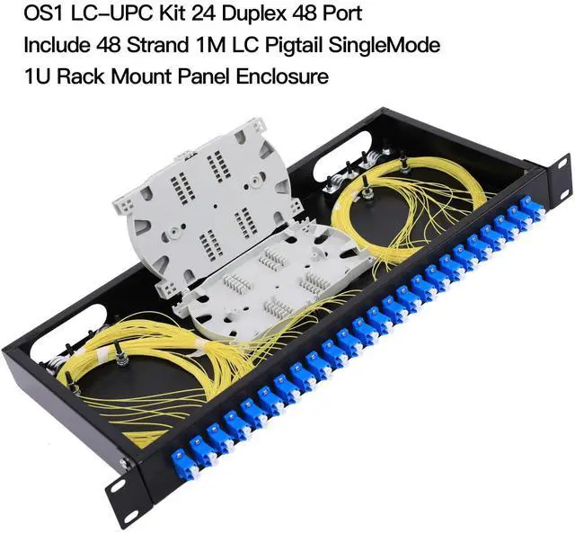 Alt view image 2 of 5 - 24 Duplex 48 Port LC-OS1 Rack Mount Enclosure Box Fiber SingleMode LC-UPC Kit Fits 19" Racks Cabinet (Include 2Pcs Splice Trays 48 Strand Pigtail 1M Cables Spool+24 Core LGX Loaded Patch Panel