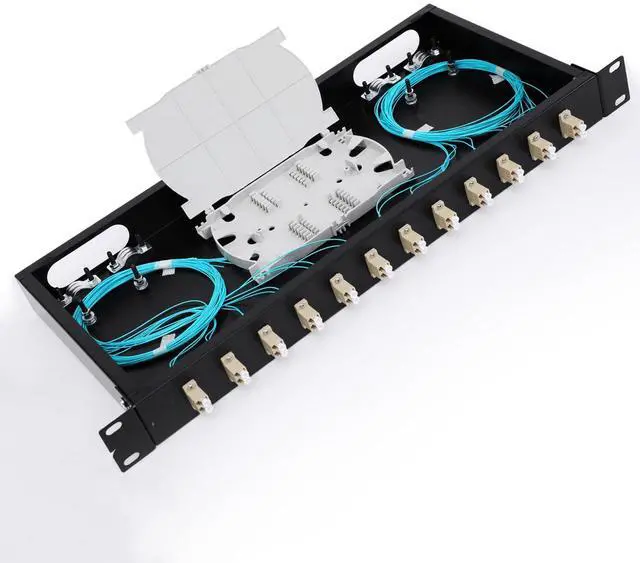 Main image of LC-OM3 12 Duplex 24 Port Fiber Enclosure Rack Mount Fiber Box MultiMode LC-UPC Kit 1 RU Fits 19" Racks Cabinet (Include 2Pcs Splice Trays 48 Strand OM3 Pigtail 1M Cables Spool+LGX Loaded Patch Panel