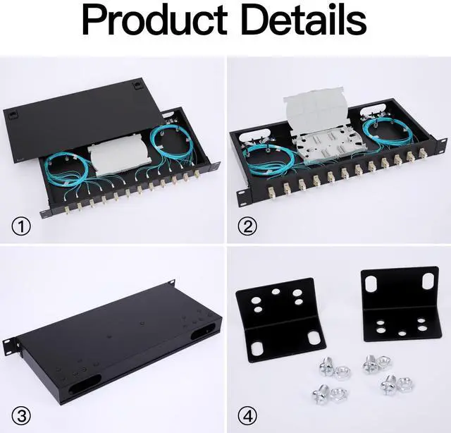 Alt view image 3 of 5 - LC-OM3 12 Duplex 24 Port Fiber Enclosure Rack Mount Fiber Box MultiMode LC-UPC Kit 1 RU Fits 19" Racks Cabinet (Include 2Pcs Splice Trays 48 Strand OM3 Pigtail 1M Cables Spool+LGX Loaded Patch Panel