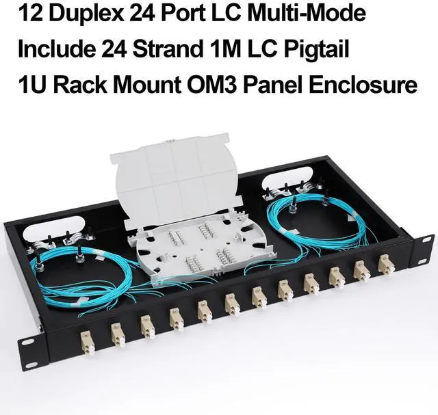 Alt view image 2 of 5 - LC-OM3 12 Duplex 24 Port Fiber Enclosure Rack Mount Fiber Box MultiMode LC-UPC Kit 1 RU Fits 19" Racks Cabinet (Include 2Pcs Splice Trays 48 Strand OM3 Pigtail 1M Cables Spool+LGX Loaded Patch Panel