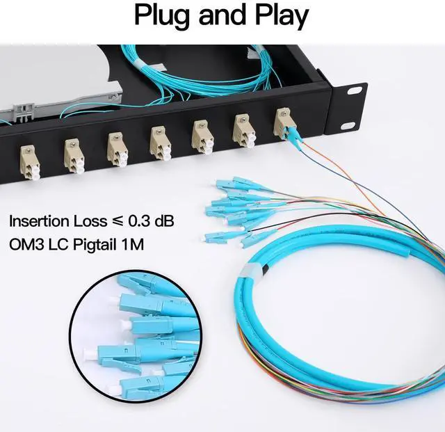 Alt view image 5 of 5 - LC-OM3 12 Duplex 24 Port Fiber Enclosure Rack Mount Fiber Box MultiMode LC-UPC Kit 1 RU Fits 19" Racks Cabinet (Include 2Pcs Splice Trays 48 Strand OM3 Pigtail 1M Cables Spool+LGX Loaded Patch Panel