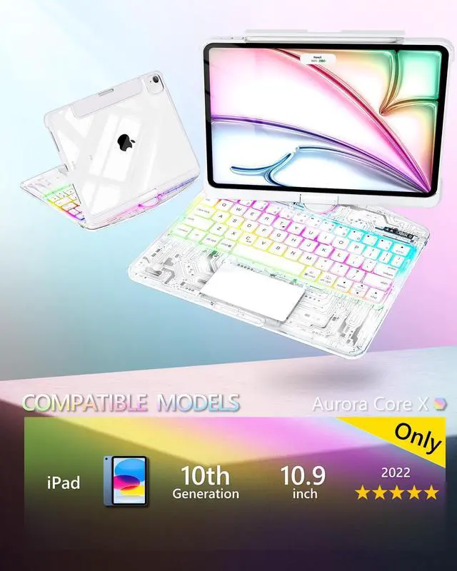 Alt view image 2 of 5 - Lecsas iPad 11th(A16, 2025) & 10th Generation Case with Keyboard, 360deg Rotating Multi-Touch Trackpad, 7-Color RGB Backlit, Transparent Back, Pencil Holder, Type-C Charging, Arctic Core X