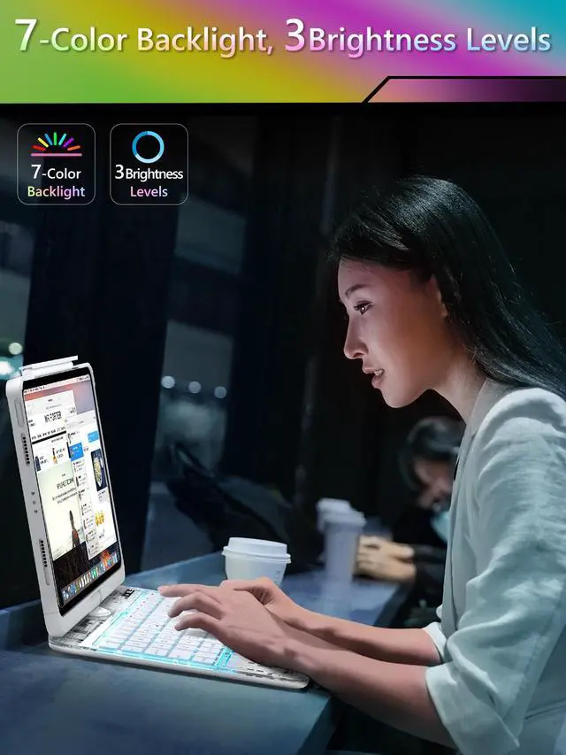 Alt view image 4 of 5 - Lecsas iPad 11th(A16, 2025) & 10th Generation Case with Keyboard, 360deg Rotating Multi-Touch Trackpad, 7-Color RGB Backlit, Transparent Back, Pencil Holder, Type-C Charging, Arctic Core X