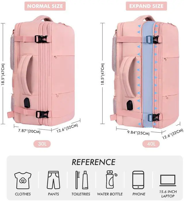Alt view image 2 of 5 - Mountain Land Carry On Travel Backpack Expandable 40L Personal Item Bag for Airplanes Women Weekender Laptop Bag Luggage Backpack with USB Charging Port (Pink)