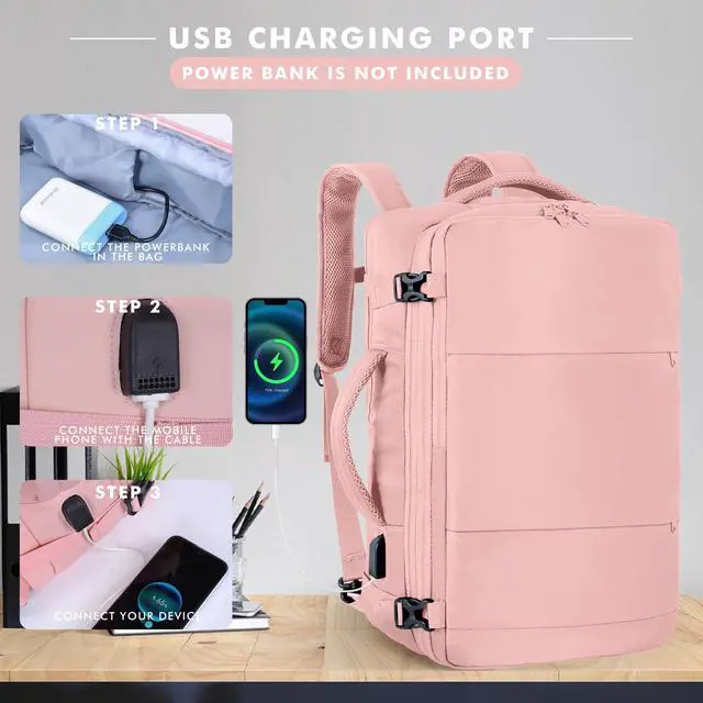 Alt view image 3 of 5 - Mountain Land Carry On Travel Backpack Expandable 40L Personal Item Bag for Airplanes Women Weekender Laptop Bag Luggage Backpack with USB Charging Port (Pink)