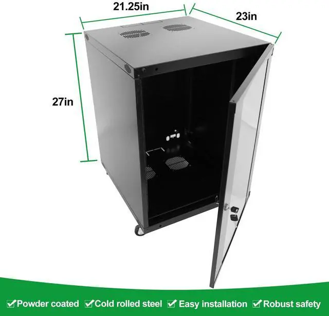 Alt view image 2 of 5 - 12U Server Cabinet Wall Mount Rack Enclosure with Caster Wheels 2 Server Fans Locking Glass Door Removable Side Panels 19" Network Cabinet 15-18.5" Installation Depth Heavy-Duty Frame (27INCH, 12U)