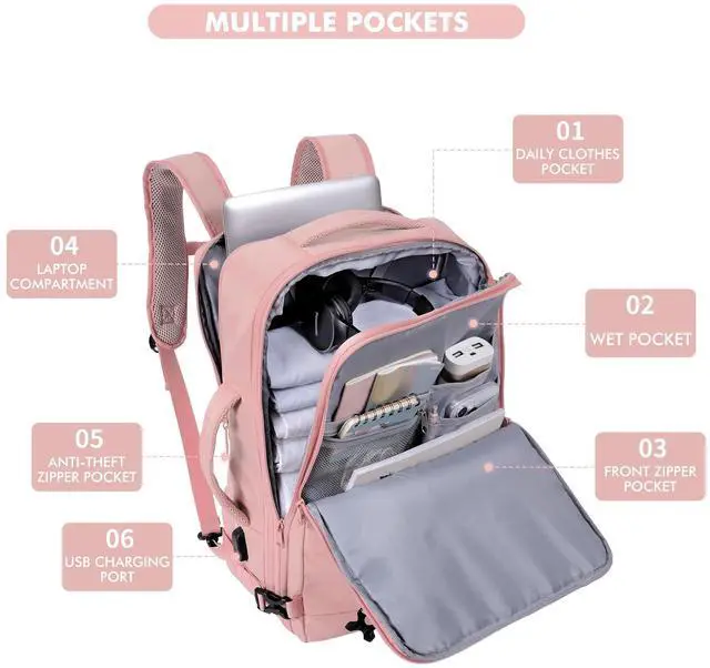 Alt view image 4 of 5 - Mountain Land Carry On Travel Backpack Expandable 40L Personal Item Bag for Airplanes Women Weekender Laptop Bag Luggage Backpack with USB Charging Port (Pink)