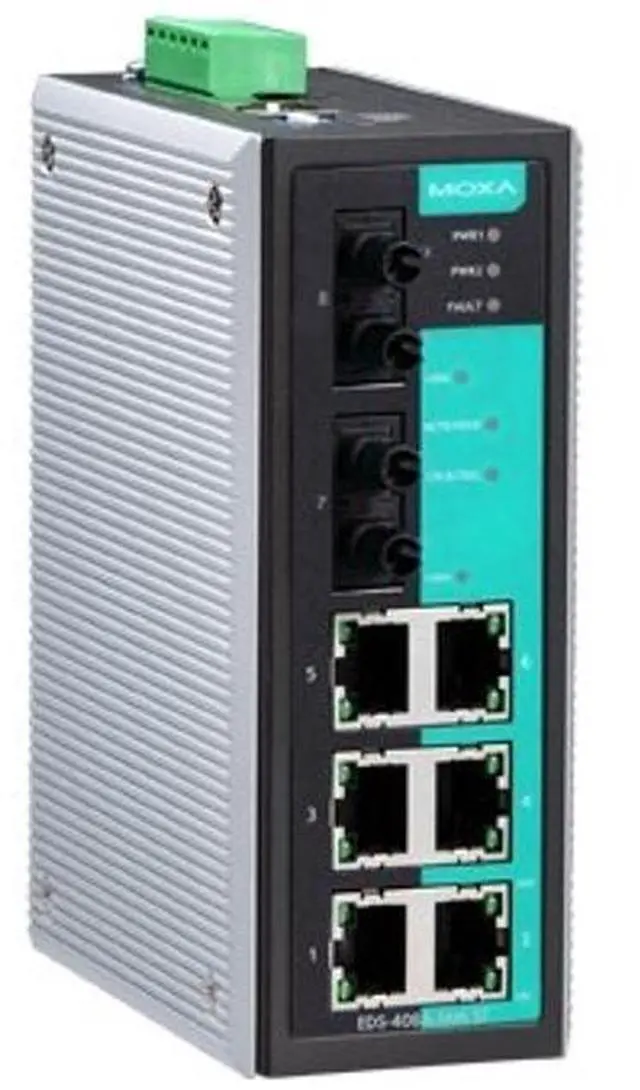 Main image of MOXA EDS-408A-MM-ST - 8 Ports Entry Level Managed Ethernet Switch with 6 10/100 BaseTx Ports, and 2 100BaseFX Multi-Mode Ports with ST Connector, Port Base VLAN and QoS, 0~60degC