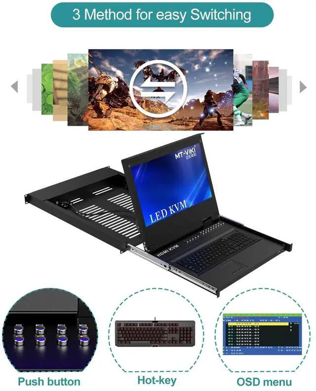 Alt view image 3 of 5 - MT-VIKI(r) Rack Mount KVM HDMI with 17.3'' LCD Monitor, 1080P Support OSD/Hotkey, Included 16 KVM Cables+Keyboard + Touchpad, Fit 1U 19'' Rack