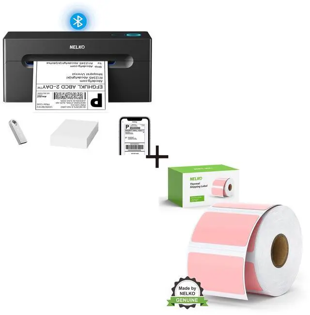 Main image of Nelko Thermal Label Printer 4X6 (Black), with 2.25" x 1.25" Direct Thermal Labels (Pink/1000 Labels), Shipping Label Printer for Small Business & Packages, Commercial Grade