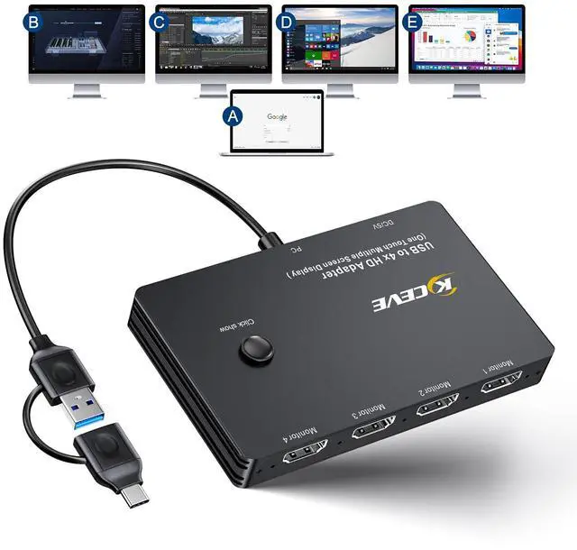 Main image of KCEVE USB to 4 HDMI Adapter, Multi-Monitor Display 5 Separate Screens, Support Mirror/Extend Mode Compatible with Windows, M1/M2 Mac OS, with Black Screen Function