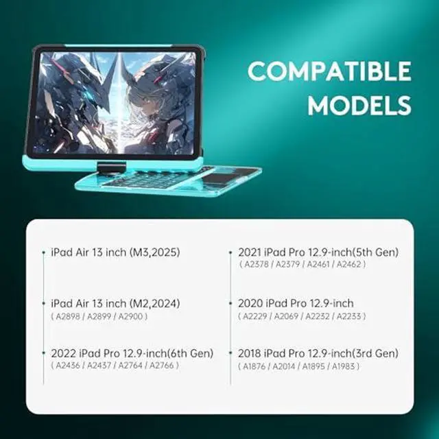 Alt view image 2 of 5 - GUSGU Transparent Case with Wireless Keyboard for iPad Air 13-in.(M3/M2, 2025/2024), 7 Colors Backlight, Trackpad, 360degRotating Stand for iPad Pro 12.9-in (6/5/4/3 Gen), Tech Style