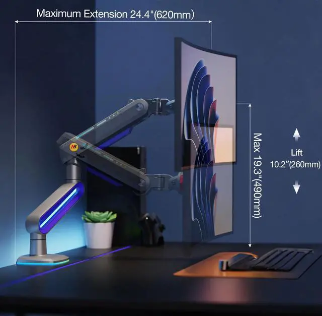 Alt view image 3 of 5 - NB ERGONOMIC RGB Gaming Monitor-arm for Flat/Ultrawide/Curved Monitors 32 to 60 inch, Heavy Duty Stand Load up to 20 kg, VESA 75/100 mm Monitor-Mount G70-New