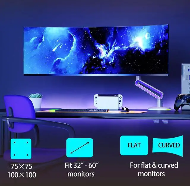 Alt view image 2 of 5 - NB ERGONOMIC RGB Gaming Monitor-arm for Flat/Ultrawide/Curved Monitors 32 to 60 inch, Heavy Duty Stand Load up to 20 kg, VESA 75/100 mm Monitor-Mount G70-New