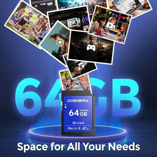 Alt view image 3 of 5 - DIGIERA 64GB LSU200 SDXC UHS-II Memory Card - up to 300MB/s, C10, U3, V90, 8K, SD Card for Computers, Digital Cameras, Home Theatre Devices, Car Navigation Systems (1 Pack)
