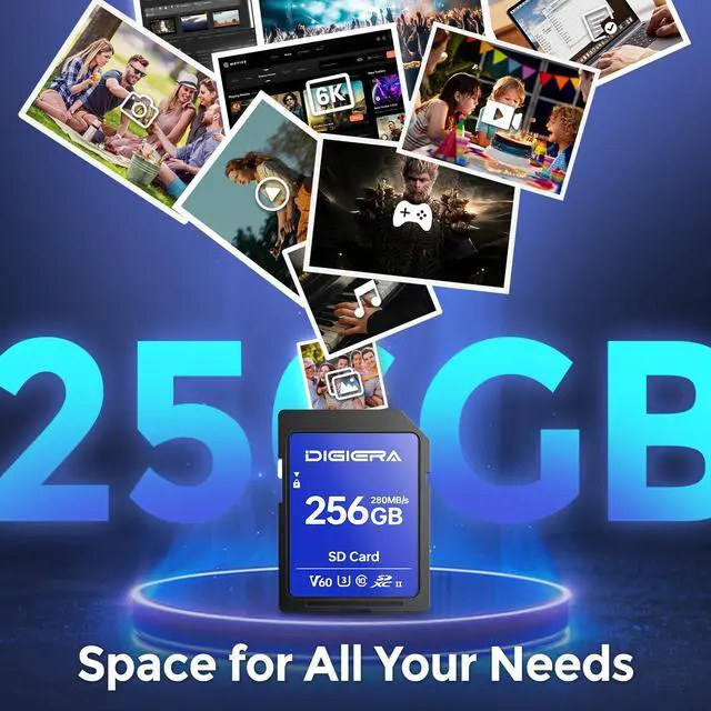 Alt view image 3 of 5 - DIGIERA 256GB LSU100 SDXC UHS-II Memory Card - up to 280MB/s, C10, U3, V60, 6K, SD Card for Computers, Digital Cameras, Home Theatre Devices, Car Navigation Systems (1 Pack)