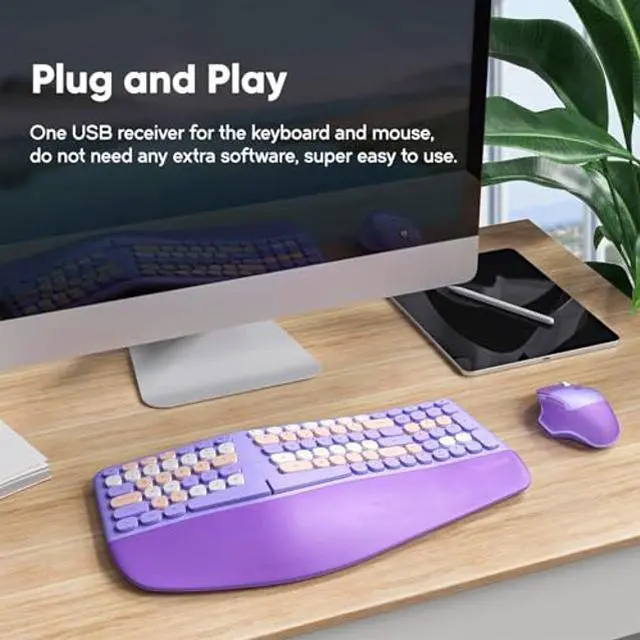 Alt view image 5 of 5 - Wireless Ergonomic Keyboard and Mouse Combo with PU Wrist Rest, Carpal Tunnel Keyboard, 2.4G Colorful Split Ergo Keyboard, Comfortable Natural Typing, Compatible with PC/Laptop (Purple)
