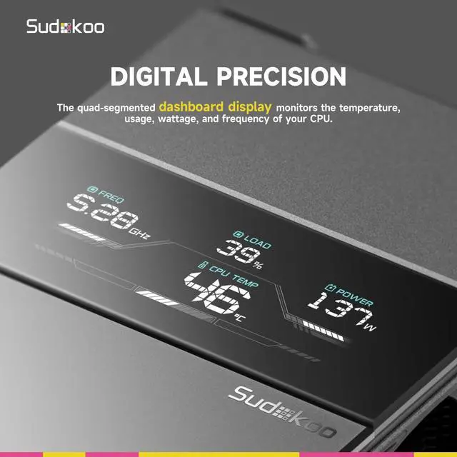 Alt view image 3 of 5 - Sudokoo Sudokoo SK700V AM5-Designated CPU Air Cooler, Single Tower, 7 Heatpipes, Digital Display, TDP 220W, Full RAM Freedom, L-Rail Lock Mount, M-Winding Tech Fan