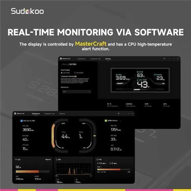 Alt view image 4 of 5 - Sudokoo Sudokoo SK700V AM5-Designated CPU Air Cooler, Single Tower, 7 Heatpipes, Digital Display, TDP 220W, Full RAM Freedom, L-Rail Lock Mount, M-Winding Tech Fan
