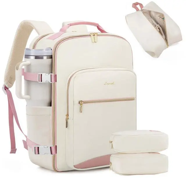 Main image of LOVEVOOK 40L Large Travel Backpack for Women Men, 17 Inch Carry on Backpack for Traveling on Airplane, Personal Item Travel Bag Airline Approved, Business Causal Weekender Backpack, Beige-Pink