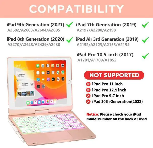 Alt view image 2 of 5 - NOKBABO iPad 9th Generation Case with Keyboard, 360deg Rotatable Touchpad and 7 Color Backlight & Pencil Holder for iPad 9th/8th/7th Gen 10.2 inch & iPad Air 3rd Gen/iPad Pro 10.5 inch - Pink Gold