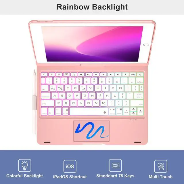 Alt view image 4 of 5 - NOKBABO iPad 9th Generation Case with Keyboard, 360deg Rotatable Touchpad and 7 Color Backlight & Pencil Holder for iPad 9th/8th/7th Gen 10.2 inch & iPad Air 3rd Gen/iPad Pro 10.5 inch - Pink Gold