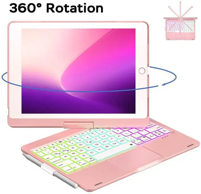 Alt view image 5 of 5 - NOKBABO iPad 9th Generation Case with Keyboard, 360deg Rotatable Touchpad and 7 Color Backlight & Pencil Holder for iPad 9th/8th/7th Gen 10.2 inch & iPad Air 3rd Gen/iPad Pro 10.5 inch - Pink Gold