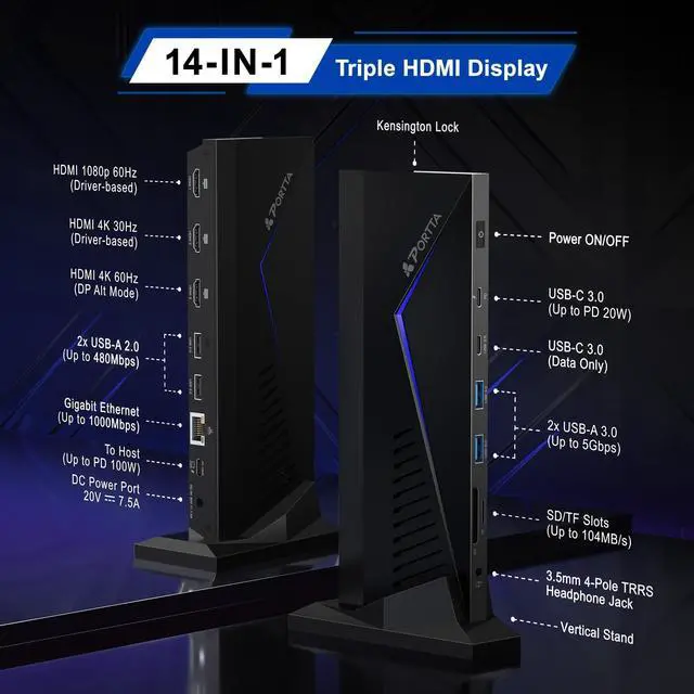 Alt view image 2 of 5 - PORTTA 14 in 1 Docking Station Triple Monitor up to 4K 60 w/ 150W Power Adapter, HDMI x3, USB x6, RJ45, SD/TF, 100W PD, Audio/Mic, Compatible with macOS/Windows SST/MST, Driver Required
