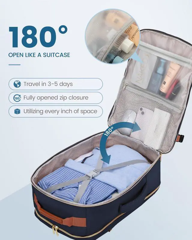 Alt view image 2 of 5 - LOVEVOOK Carry on Backpck for Men, 50L Travel Backpack Flight Approved with 3 Packing Cubes, Personal Item Backpack with 18 Inch Laptop Compartment for Hiking Sport Daypack, Dark blue-Brown