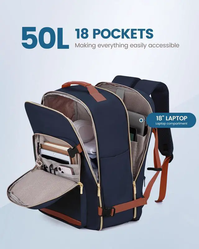 Alt view image 3 of 5 - LOVEVOOK Carry on Backpck for Men, 50L Travel Backpack Flight Approved with 3 Packing Cubes, Personal Item Backpack with 18 Inch Laptop Compartment for Hiking Sport Daypack, Dark blue-Brown