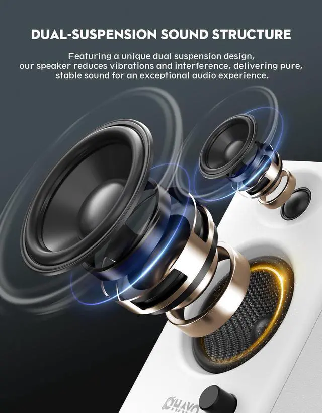 Alt view image 3 of 5 - OHAYO 60W Computer Speakers for Gaming and Music, Active Bluetooth 5.3, Stereo 2.0 Speakers for Desktop PC Monitor or Laptop, Surround Sound Speaker, 3.5 mm Aux RCA Input, USB-Powered, 1 Pair, White