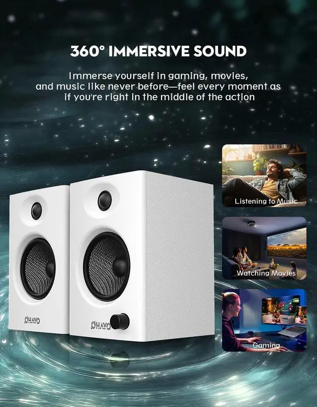 Alt view image 5 of 5 - OHAYO 60W Computer Speakers for Gaming and Music, Active Bluetooth 5.3, Stereo 2.0 Speakers for Desktop PC Monitor or Laptop, Surround Sound Speaker, 3.5 mm Aux RCA Input, USB-Powered, 1 Pair, White