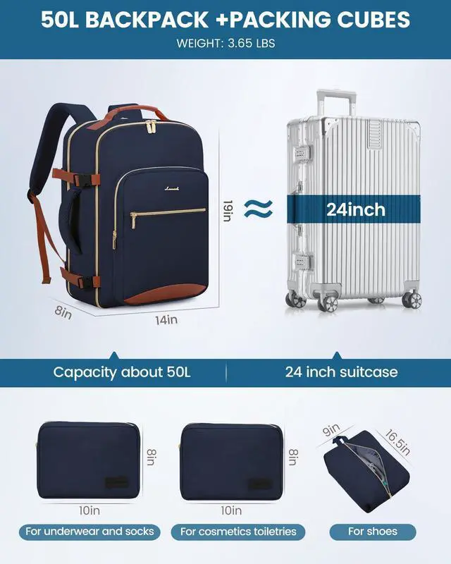 Alt view image 5 of 5 - LOVEVOOK Carry on Backpck for Men, 50L Travel Backpack Flight Approved with 3 Packing Cubes, Personal Item Backpack with 18 Inch Laptop Compartment for Hiking Sport Daypack, Dark blue-Brown