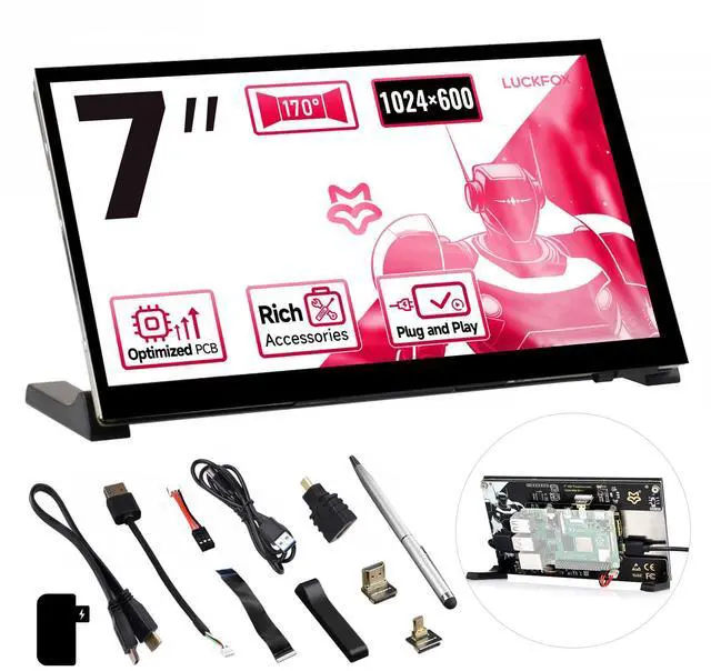 Main image of Generic LUCKFOX Touchscreen,7 inch HDMI 1024x600 Portable Monitor Compatible with Raspberry Pi 5/4/4B/3/3B/Zero 2 W/All Pi Version,Plug & Play LCD IPS Display with Stand, Black
