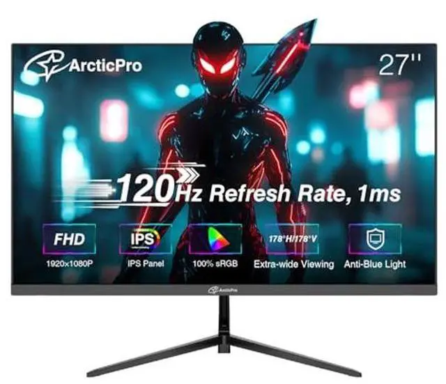Main image of ArcticPro 27inch Computer Monitor, 120Hz, FHD 1080p Office and Gaming Monitor, 4ms Response Time, 3-Sided Frameless, Ultra Slim, VESA Mountable, Anti-Blue Light Design, HDMI, VGA