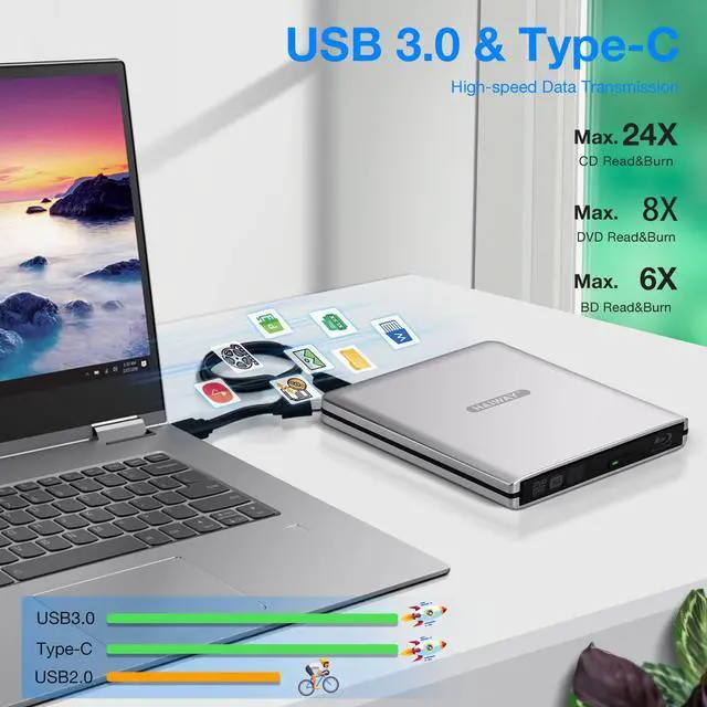 Alt view image 5 of 5 - Haiway External Blu Ray Drive, Support 25G Disc Read/Write Bluray Drives, USB 3.0 and Type-C Portable 3D Blu-Ray BD DVD CD Burner for Laptop PC Compatible with Mac OS Windows XP/7/8/10/11