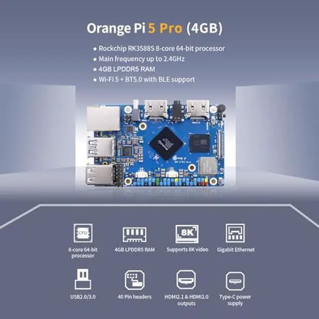 Alt view image 3 of 5 - Generic Orange Pi 5 Pro 4GB LPDDR5 8 Core 64 Bit RK3588S Single Board Computer, 8K Video Decoding 2.4GHz Frequency WiFi Bluetooth Open Source Board Run Orange Pi OS, Android, Debian, Ubuntu