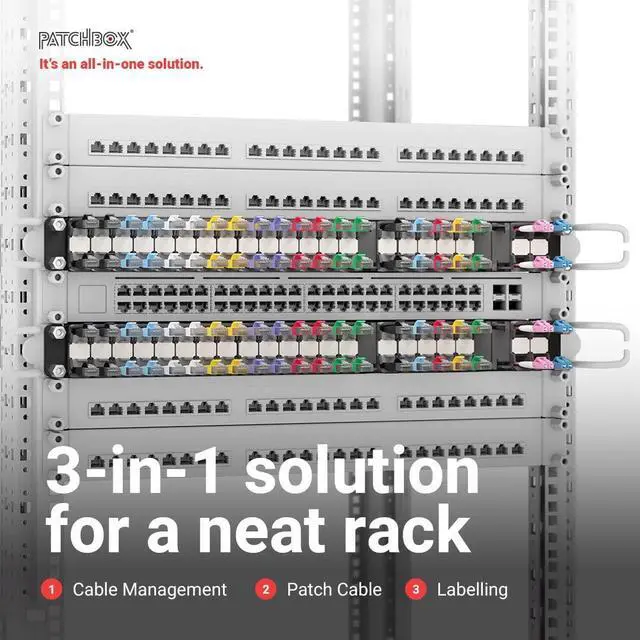 Alt view image 2 of 5 - PATCHBOX(r) 365 Cat.6a - 24-Port Patch Panel with Retractable Cable Management System for 19" Racks, Includes Flat 10GB Cables and Cassettes, Easy Network and Server Setup (UTP, Yellow, 0.8m / 8RU)