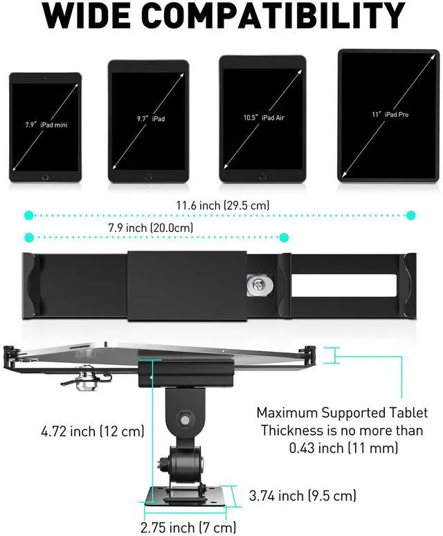 Alt view image 3 of 5 - AboveTEK Tablet Wall Mount -360deg Rotation iPad Wall Holder for Retail & Business, Anti Theft iPad Stand Fits 7"-11" Tablets Including iPad Pro/Air/Mini, Galaxy Tab - Security Lock & Key - (Black)