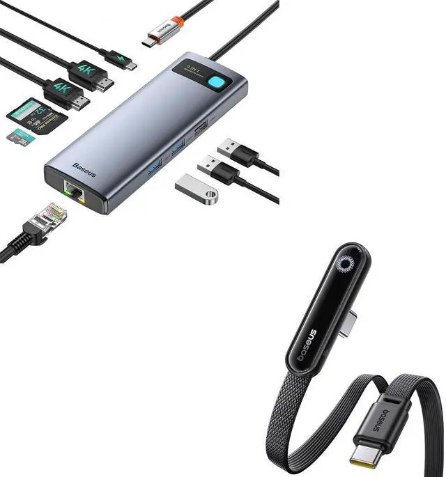 Main image of Baseus Laptop Docking Station Dual Monitor 4K@120Hz, 9 in 1 USB C Hub and Baseus USB C Cable, 100W 5A Fast Charging USB C to USB C Cable, Right Angle USB C Charger Cable