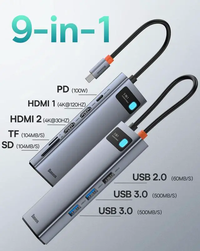 Alt view image 2 of 5 - Baseus Laptop Docking Station Dual Monitor 4K@120Hz, 9 in 1 USB C Hub and Baseus USB C Cable, 100W 5A Fast Charging USB C to USB C Cable, Right Angle USB C Charger Cable