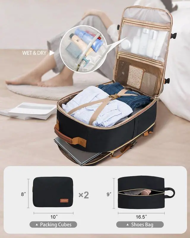 Alt view image 4 of 5 - Lifeamar 40L Travel Backpack for Women, Carry On Bag Flight Approved, Waterproof Backpack with 3 Packing Cubes, Weekender Personal Item Backpack for Airplane Travel Essentials, TSA Approved