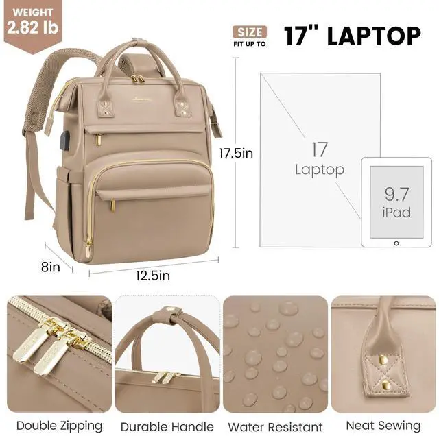 Alt view image 4 of 5 - LOVEVOOK Leather Laptop Backpack for Women 17 inch,Travel Backpack Purse Nurse Teacher Backpack Computer Laptop Bag,Professional College Business Work Bags Carry On Backpack with USB Port,Sandy
