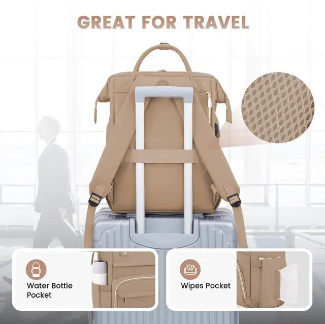 Alt view image 5 of 5 - LOVEVOOK Leather Laptop Backpack for Women 17 inch,Travel Backpack Purse Nurse Teacher Backpack Computer Laptop Bag,Professional College Business Work Bags Carry On Backpack with USB Port,Sandy