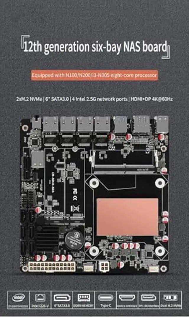 Alt view image 5 of 5 - HKUXZR N150 Industrial Motherboard NAS 4 Cores 4 Threads Low Power Processor 4x2.5G i226 Network M.2 Slot 6xSATA DP HDMI 2.0 PCIE x1 DDR5 Type-C