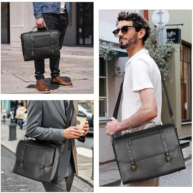 Alt view image 2 of 5 - Mens messenger bag 17 inch, Waterproof Faux Leather Laptop Briefcase Large Computer Laptop Bag Leather Satchel Bag Retro Shoulder Bag for Office Business Travel College Black